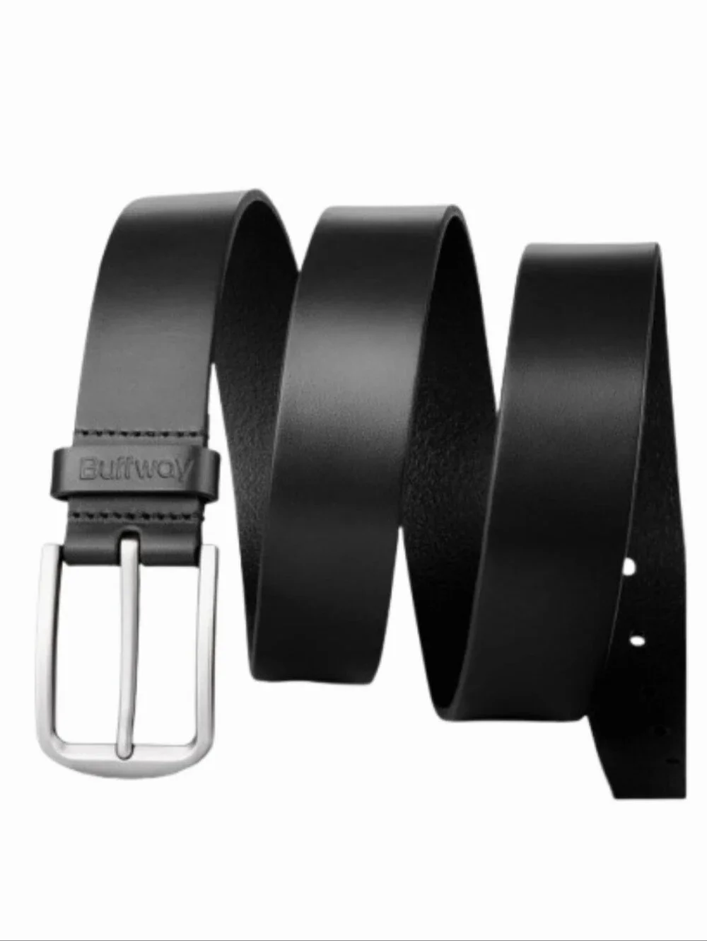 Men’s Buffway Black Leather Belt Brushed Silver Buckle Casual Dress Belt